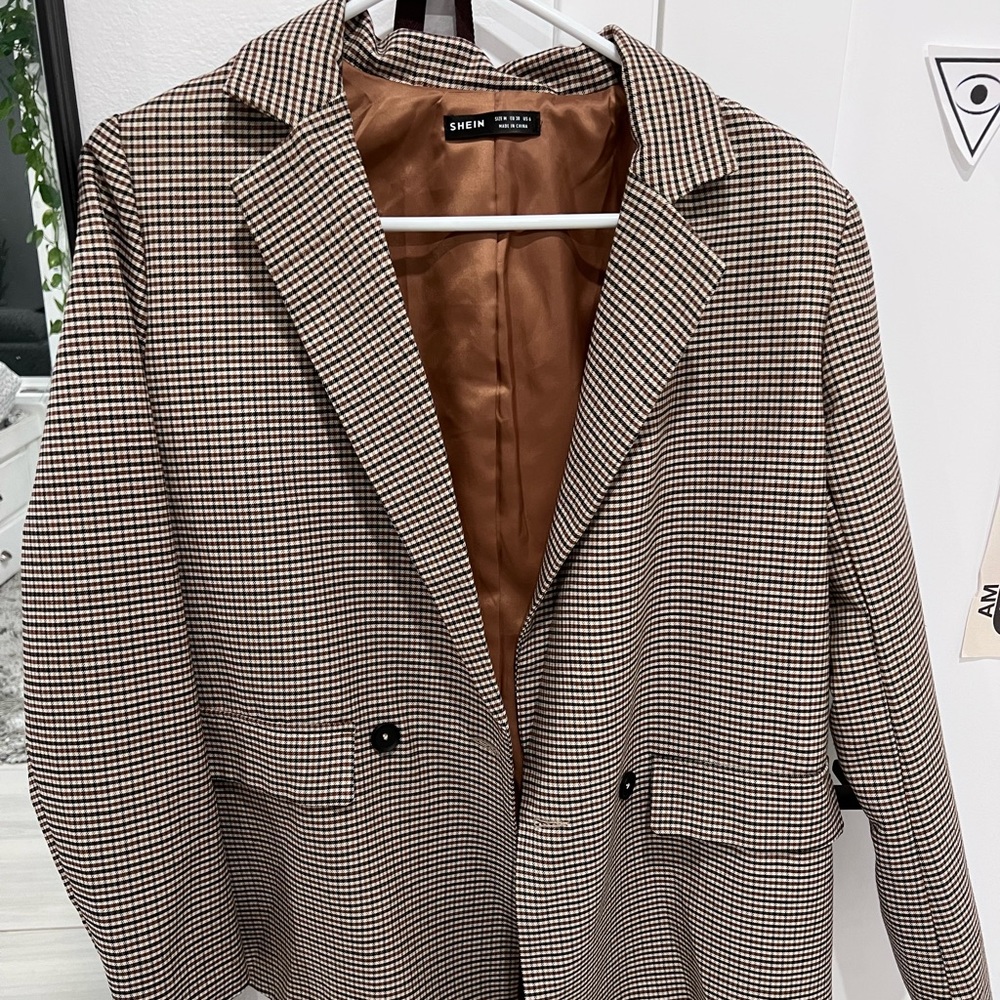 SHEIN Plaid Double Button Blazer